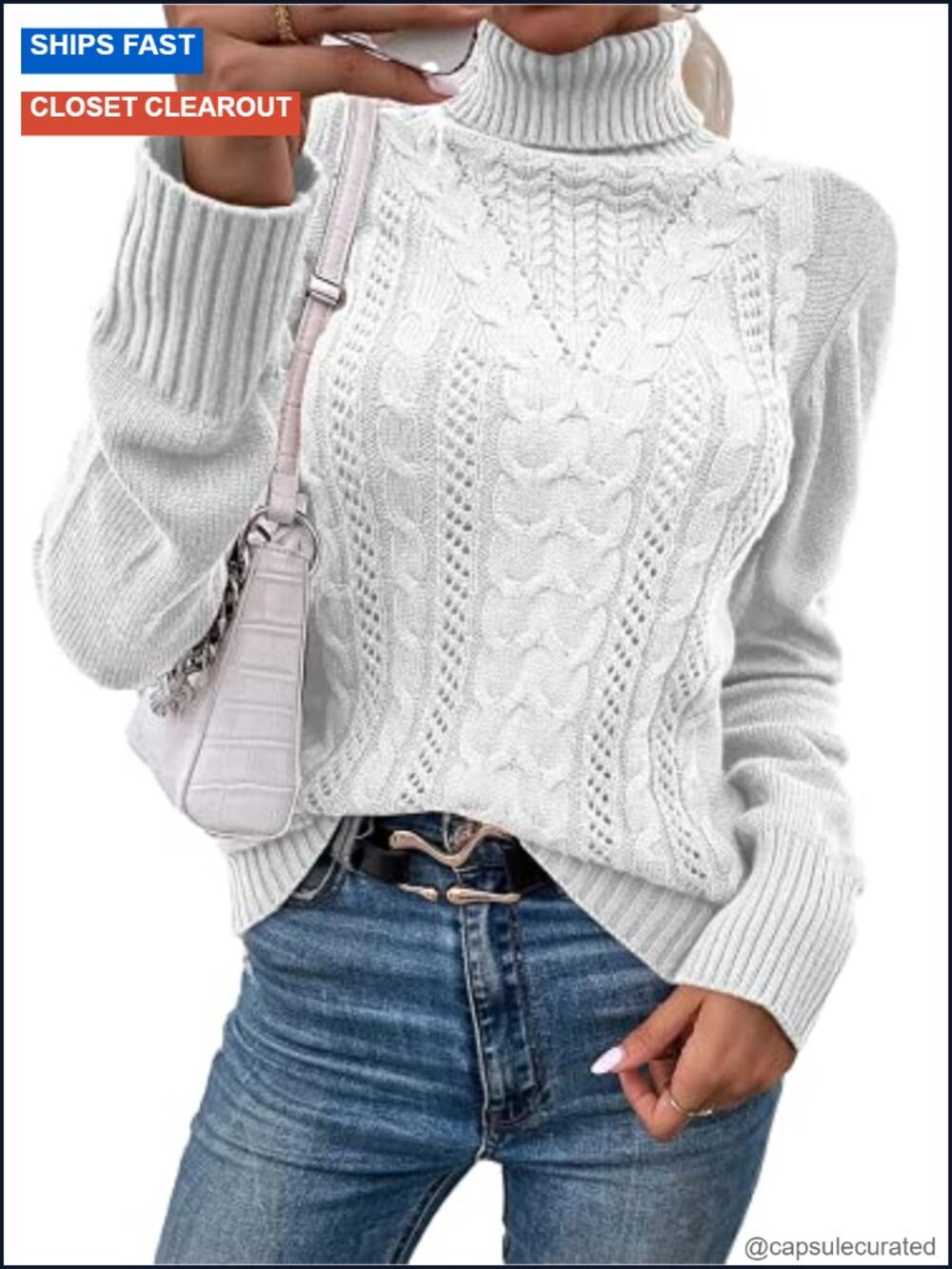 Turtleneck Cable Knit Fitted Sweater Pullover Long Sleeve